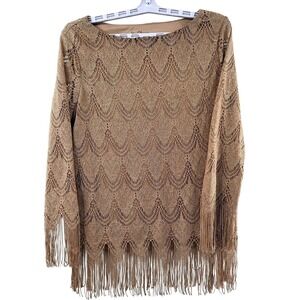 Gold Metallic Lace Top Tunic BOHO Sheer Sleeves Liner Flapper‎ Fringe Scalloped
